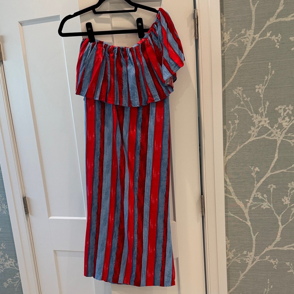 Pomander Place Red and Blue Striped One Shoulder Midi Dress
